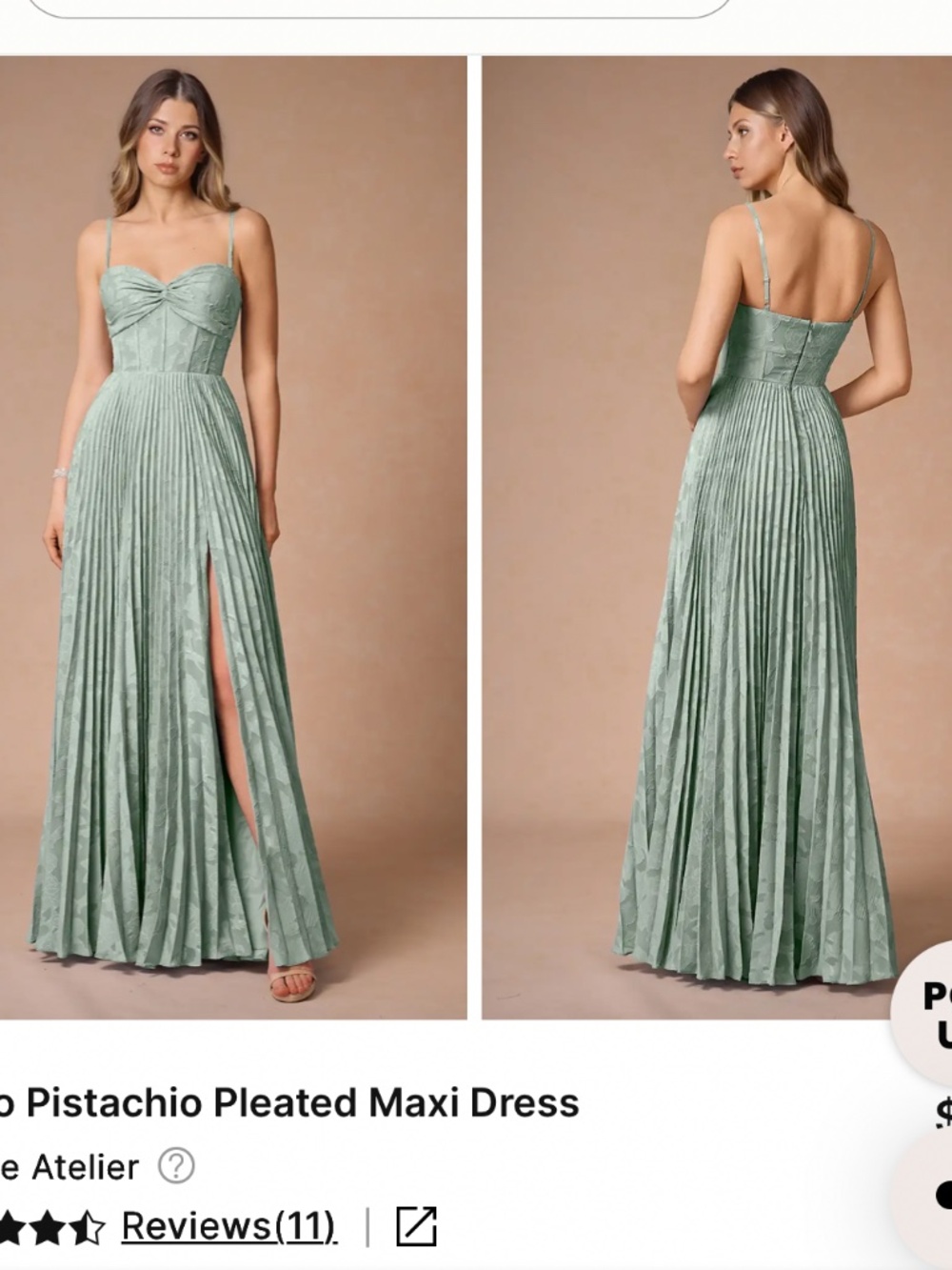 Azazie Pleated Pistachio Maxi Dress